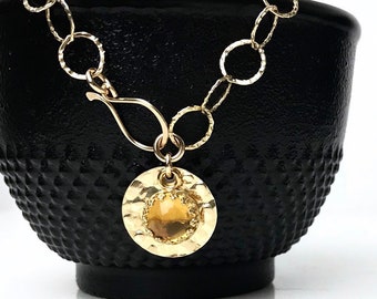 Citrine Charmed Bracelet | November Birthstone Birthday Jewelry Gift for Her | Textured Chain Bracelet with Hammered Disc Charm Pendant