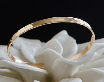 Flat Hammered Bangle or Cuff Bracelet | 14Kt Gold Filled or Sterling Silver Bracelet | 1st Wedding Anniversary Gift for Him or Her