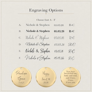 May include: A chart titled Engraving Options displays six font styles labeled A through F, each showing the text Nichole & Stephen, the date 05.03.26, and initials R+C. Below, three round gold-colored metal discs feature custom engravings.