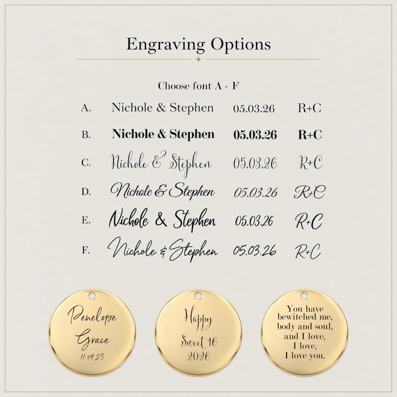 May include: A chart titled Engraving Options displays six font styles labeled A through F, each showing the text Nichole & Stephen, the date 05.03.26, and initials R+C. Below, three round gold-colored metal discs feature custom engravings.