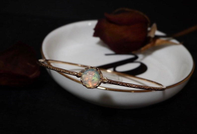 Genuine Opal Bangle Bracelet / Natural Ethiopian Welo Opal October Birthstone Gift for Her / 925 Sterling or 14K Gold Filled Libra Jewelry 