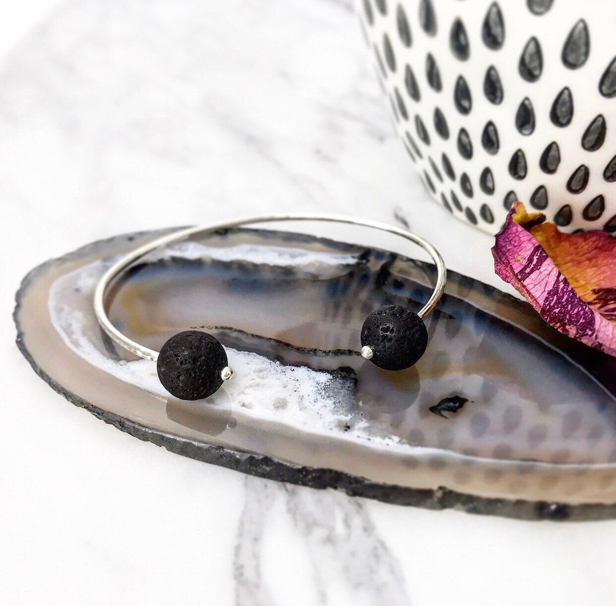 Black Lava Dyad Cuff  | Essential Oils Bracelet Diffuser Unisex Minimalist | 14Kt Gold Fill, Sterling Silver Healing Stone Bracelet Gift