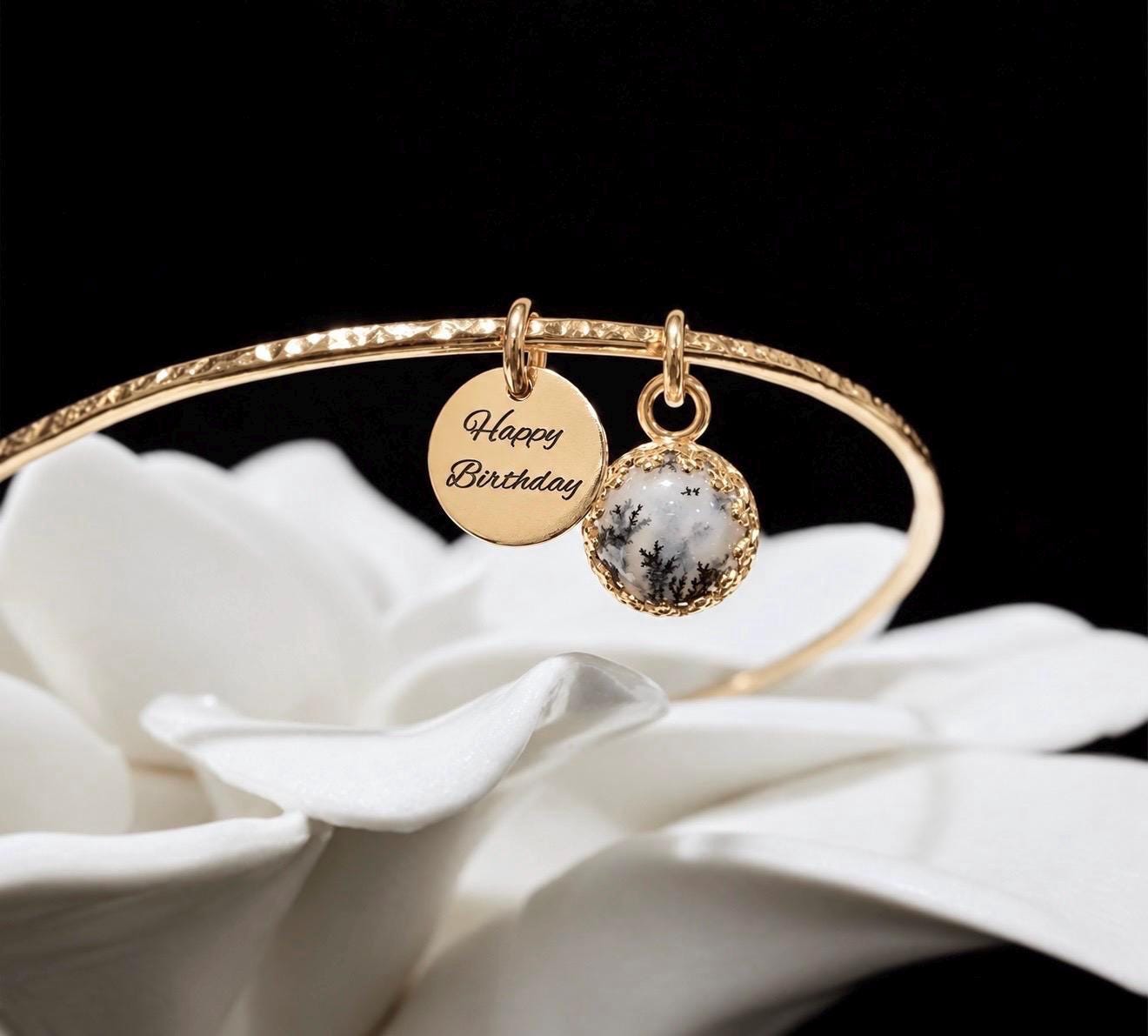 Dendritic Opal Royal Charm Bracelet October Personalized Engraved Birthstone Bangle Sterling Silver, 14k Gold Fill Jewelry Gift for Her