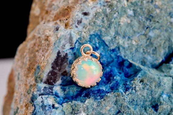 Natural Opal Charm, Pendant - October Birthstone in 14k Solid Gold, 14K Gold Plated, and Sterling Silver