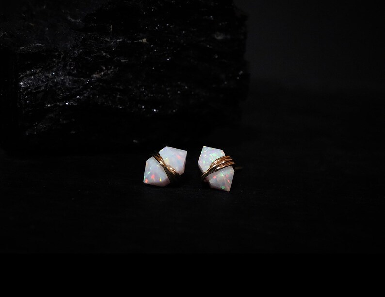 Opal Geo Studs Sterling Silver or 14Kt Gold Filled Lab Opal Earrings October Libra Birthstone Gift for Her October Birthday Gift image 5