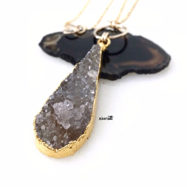 Natural Teardrop Druzy Bar Necklace / Raw Quartz Jewelry / Gold Gray Druzy Necklace / Bohemian Jewelry / Festival Layering Necklaces