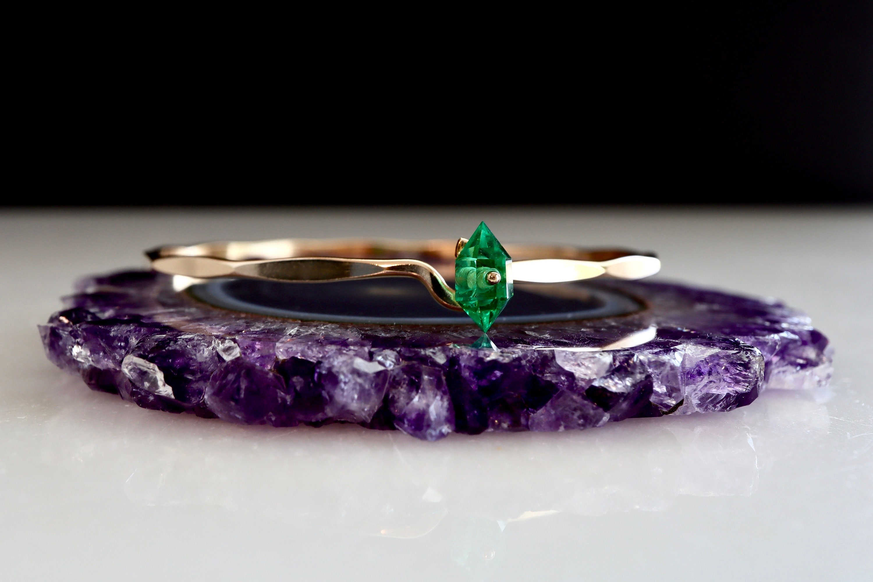 Emerald Geo Bangle Bracelet with Gemstone Clasp, May Birthstone Gift, 14K Gold Filled or Sterling Silver