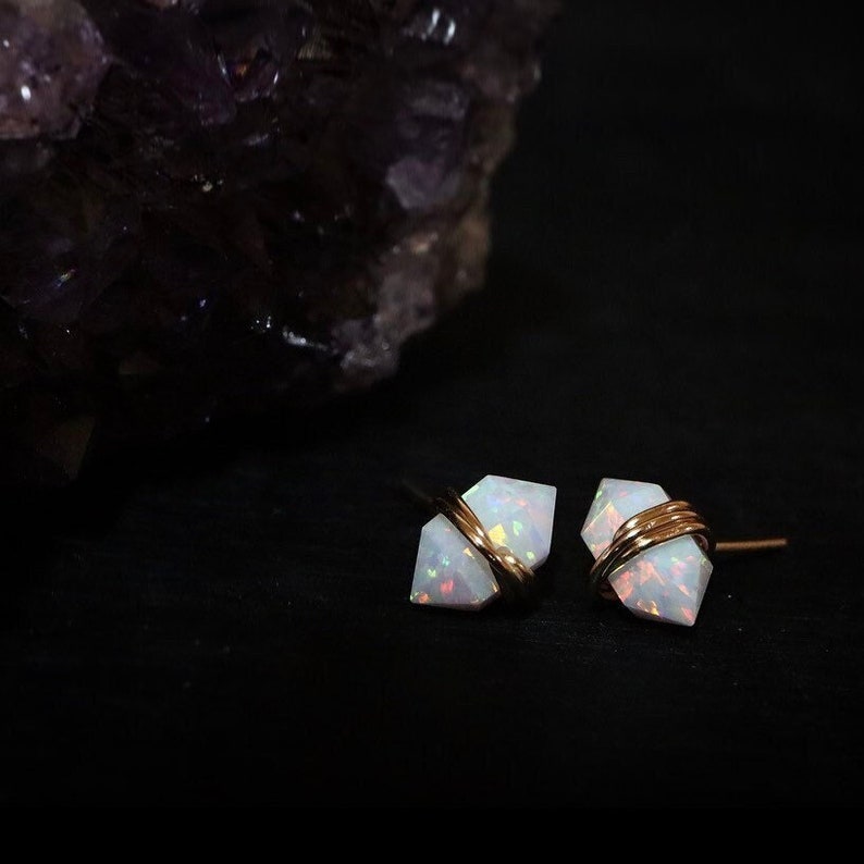 Opal Geo Studs Sterling Silver or 14Kt Gold Filled Lab Opal Earrings October Libra Birthstone Gift for Her October Birthday Gift image 1