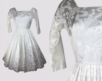 Miss Deb Montreal 1950s/Early 1960s Vintage White Satin Brocade Fit & Flare XS | 25" Waist
