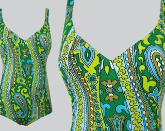 Vintage Early 1970s Bright Paisley Print One Piece Swimsuit | XS
