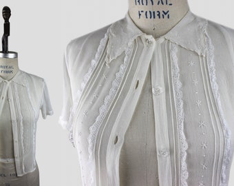 1930s Sheer White Crepe Blouse w/ Pin-tucking, Embroidery and Glass Carved Buttons XS | 32" Bust