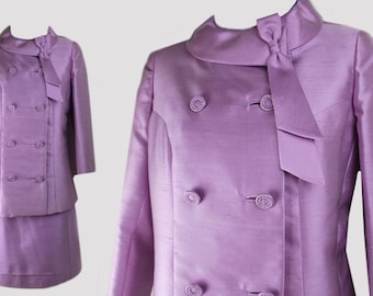 Hudson's Bay Co Silk Vintage Early-Mid 1960s 60s Lilac Double Breasted Skirt Suit | 25" Waist
