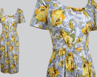 Vintage 1950s Cotton Yellow Rose Print Dress / 50s Rose Print Sheath Dress | 28" waist