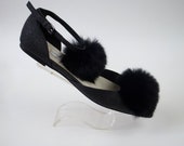Jimmy Choo Black Dolly Fox-Fur Pom-Pom Ballerina Flats Sz 38