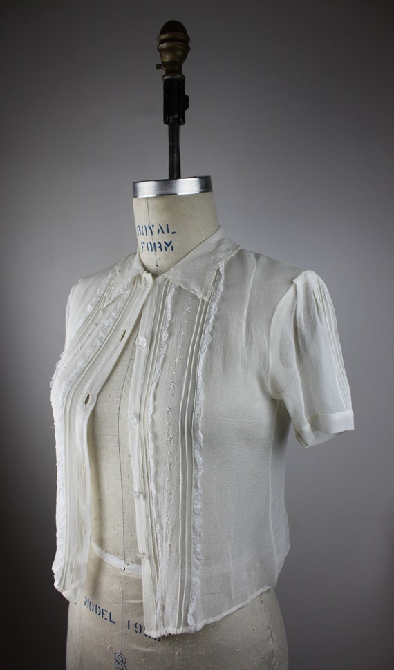 1930s Sheer White Crepe Blouse w/ Pin-tucking, Em… - image 3