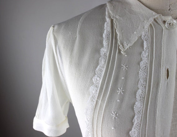 1930s Sheer White Crepe Blouse w/ Pin-tucking, Em… - image 6