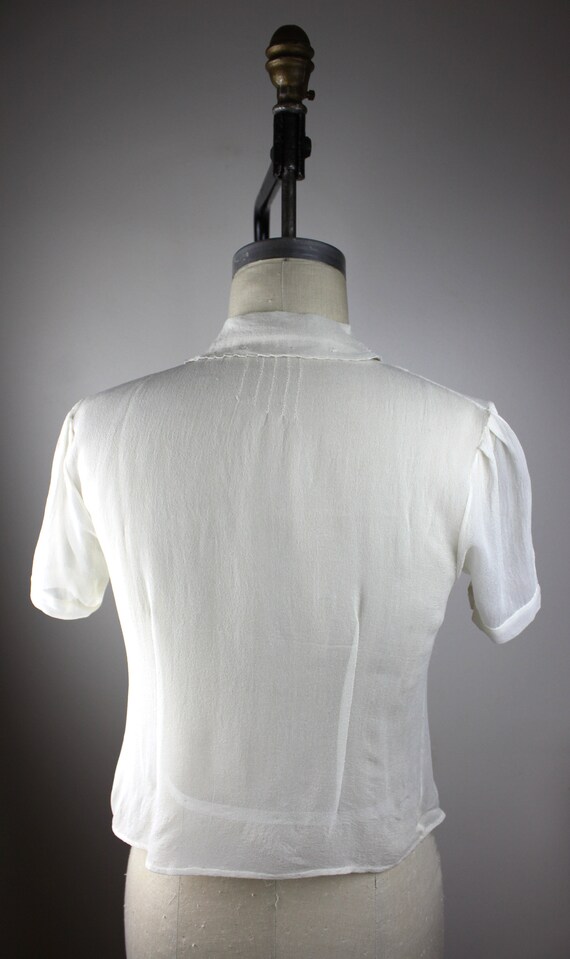 1930s Sheer White Crepe Blouse w/ Pin-tucking, Em… - image 4