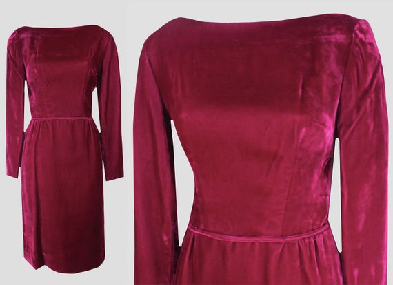 1950s 1960s  Rich Berry Velvet Sheath Dress SM | … - image 1