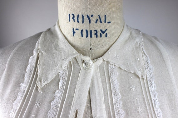 1930s Sheer White Crepe Blouse w/ Pin-tucking, Em… - image 5