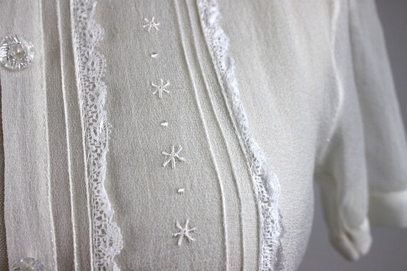 1930s Sheer White Crepe Blouse w/ Pin-tucking, Em… - image 10