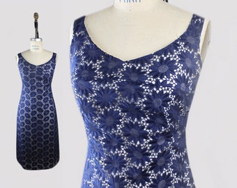 1960s Navy Blue Daisy Lace Sheath Dress w/ White Lining SM | 34" Bust