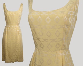 Vintage Early 1960s 60s Cotton Blend Yellow Art Deco Sheath Dress | 25" Waist