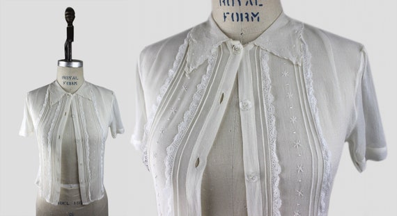 1930s Sheer White Crepe Blouse w/ Pin-tucking, Em… - image 1