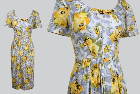 Vintage 1950s Cotton Yellow Rose Print Dress / 50s