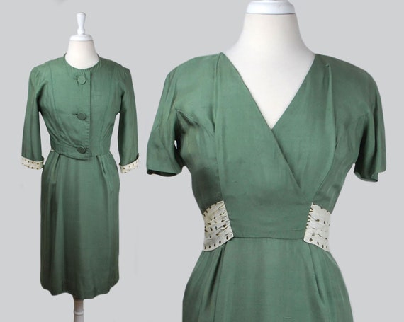 Green Silk 1950s Sheath Dress / 50s Silk Polka Dot
