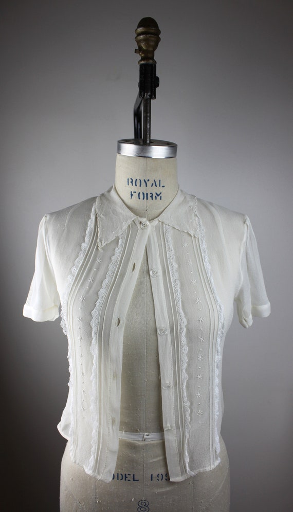 1930s Sheer White Crepe Blouse w/ Pin-tucking, Em… - image 2