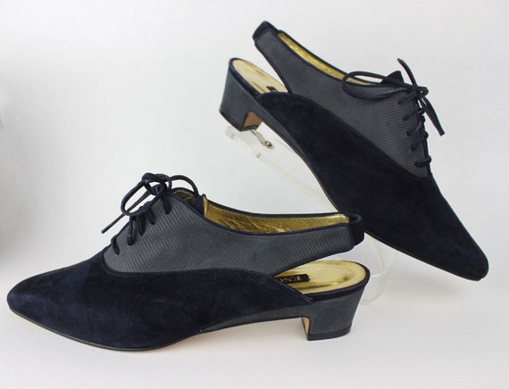 Escada 1990s Dark Navy Blue Suede Slingback Mule M