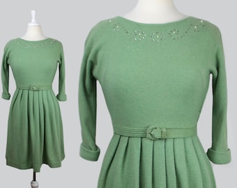 Vintage 1950s/1960s Green Knit Party Dress / 50s 60s Fit & Flare Knit Dress Sz M