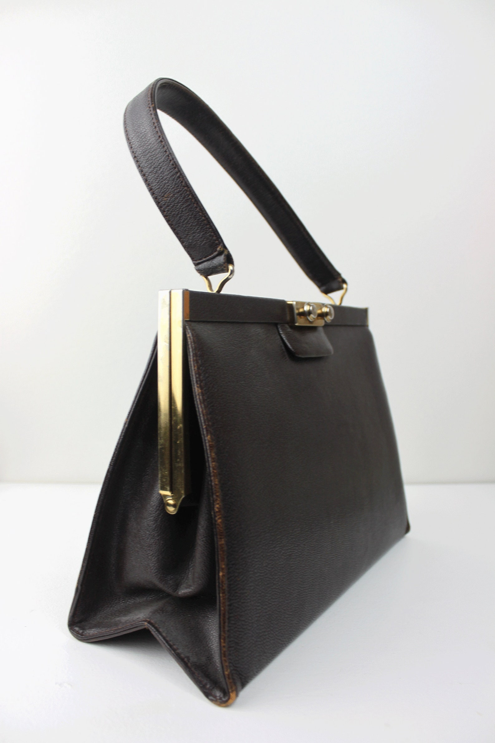 The Dorchester Birks 1950s/60s Brown Leather Handbag W/ Gold | Etsy