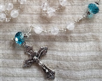 Heirloom First Holy Communion Rosary Quartz and  Blue Crystal