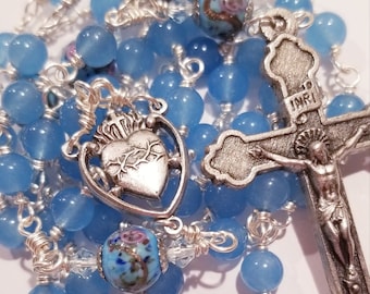 Rose Bead and Blue Czech Glass Wire-wrapped Silver Rosary