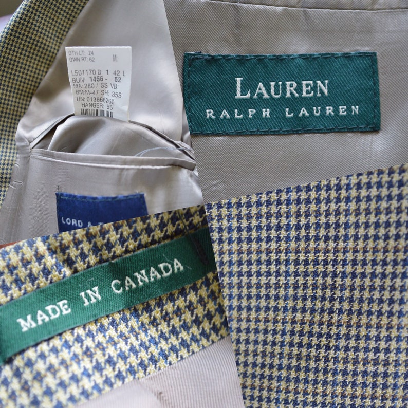May include: A blazer featuring a blue and tan houndstooth pattern with a beige lining. The interior includes a green Lauren Ralph Lauren label, a Lord & Taylor tag, a white garment information tag, and a green label stating Made in Canada.