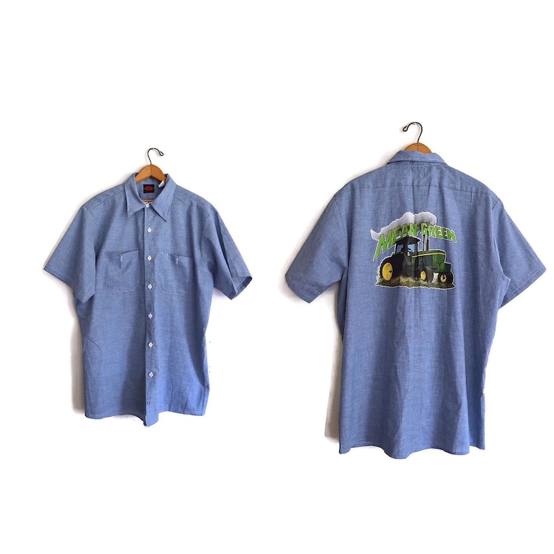 Vintage 1980s Blue Shirt Large with Roach Iron on Big Ben Shirt Mean Green Tractor Iron On 80s Short Sleeve