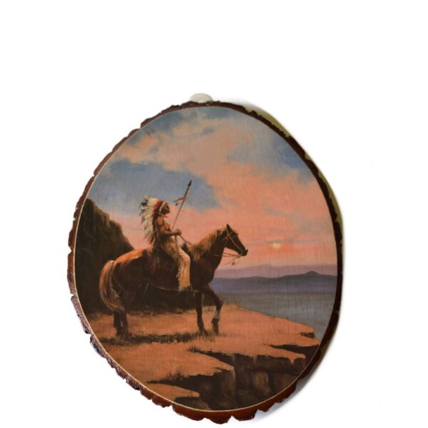 Vintage Native American Wood Plaque Art Litho Southwestern Art Indian Chief on Horseback Wall Decor Ethnic Art