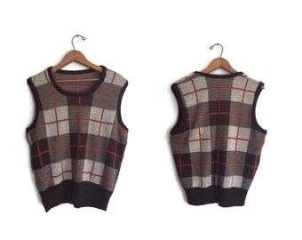 Vintage Acrylic Vest Medium Brown Beige Sweater Vest Pullover Checks and Stripes Vintage 90s Vest