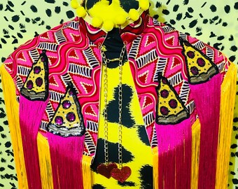 Bright colourful caplet with sequinned pizza motifs