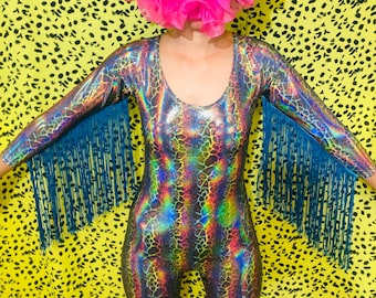 Stunning rainbow holographic catsuit with long arm fringing