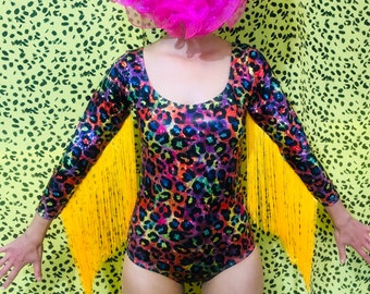 Colourful holographic leotard with beautiful long fringing on the arms