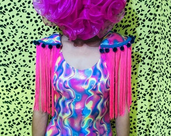 Pretty holographic leotard with long fringing and detachable shoulder pads