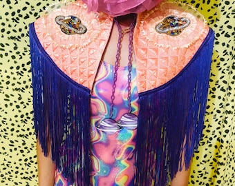 Beautiful quilted caplet with diamante Saturn motifs and long fringing