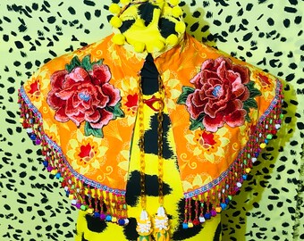 Gorgeous floral caplet with beaded fringe