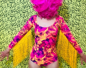 Bright tropical print leotard with long arm fringing