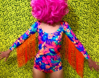 Multicoloured tropical print leotard with long arm fringing