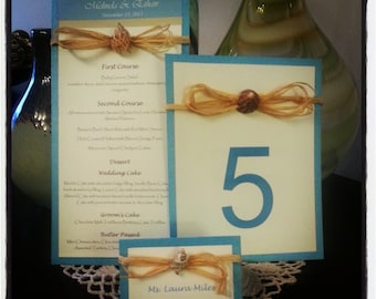 Beach Shell & Raffia Wedding Set of Menu, Table Number and Escort Cards - Set of 12 Table Numbers