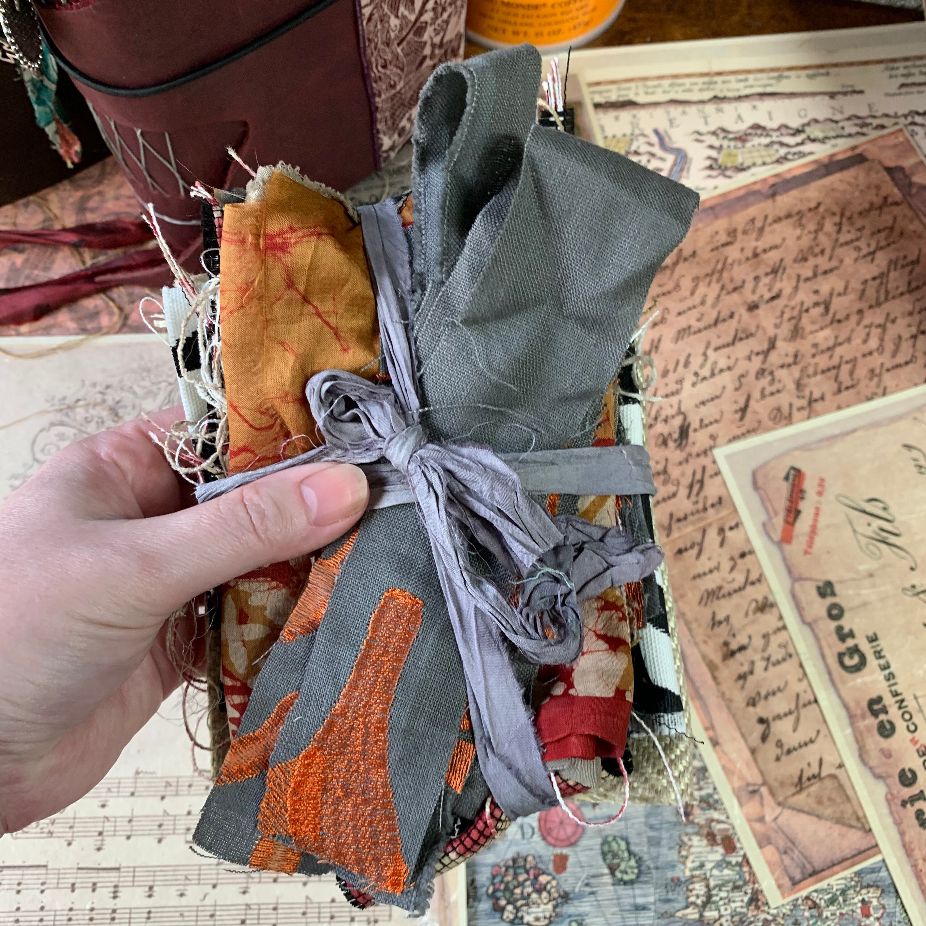 Fabric Scraps for Junk Journals, Gray and Orange, Journaling Supply