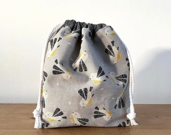 Project bag, small drawstring bag, knitting project bag, grey birds, sock project bag, makeup bag, toiletry bag, knitting gift